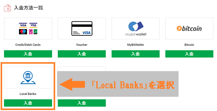 XMの入金方法一覧で「Local Banks」を選択する
